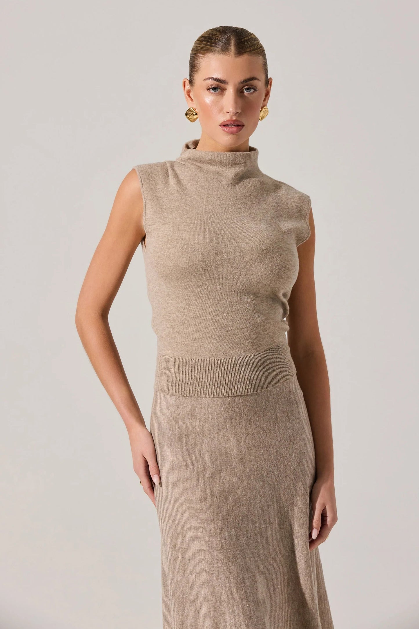 Deora Taupe Mock Neck Sweater Tank