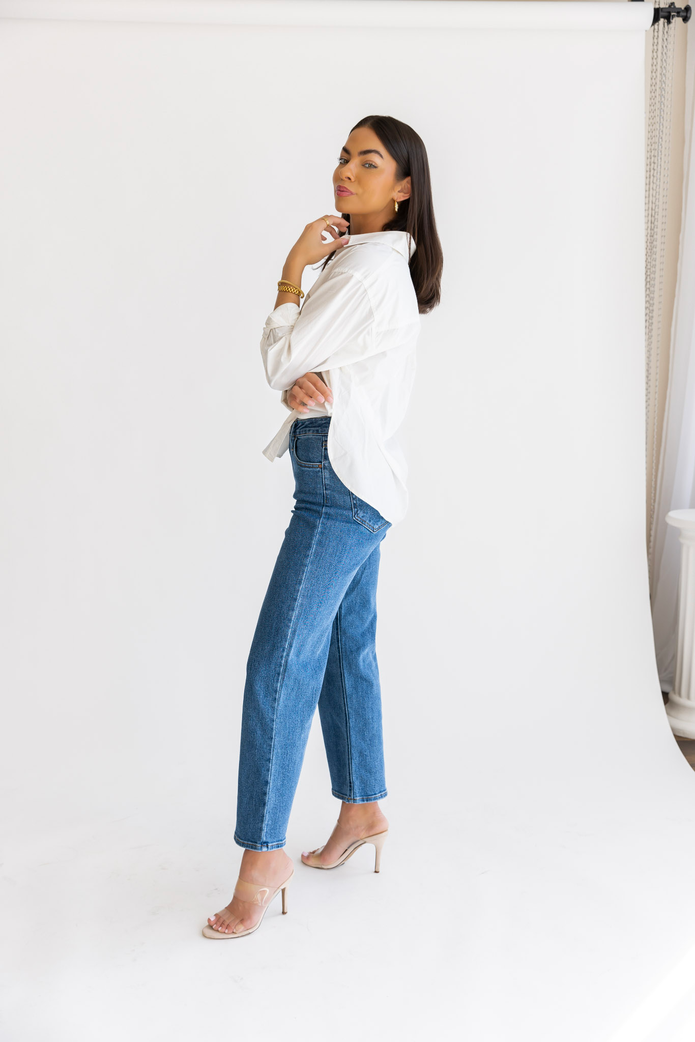 Selenia White Poplin Button Down Top