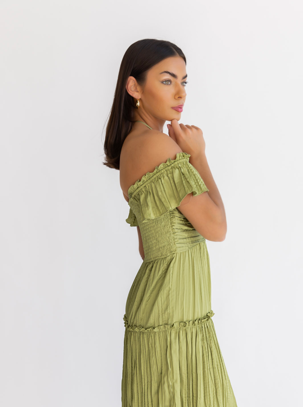 Ruche Me Right Lime Satin Midi Dress