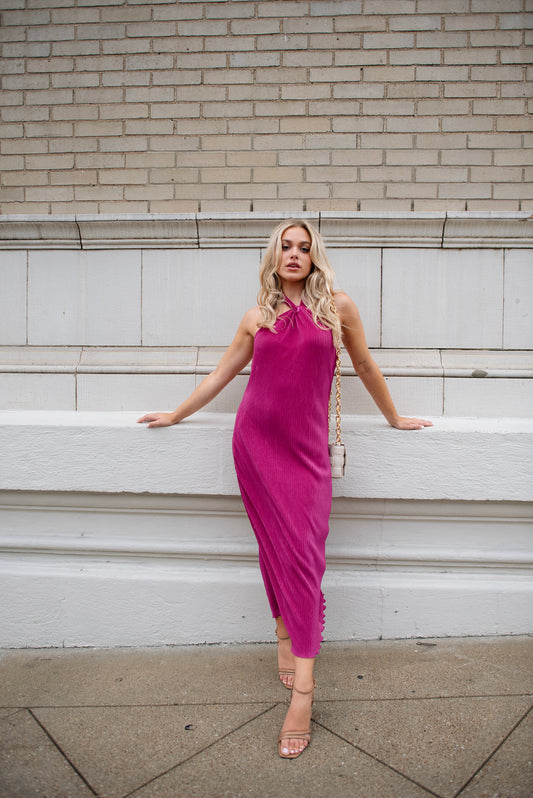 Sunset Secret Magenta Halter Midi Dress