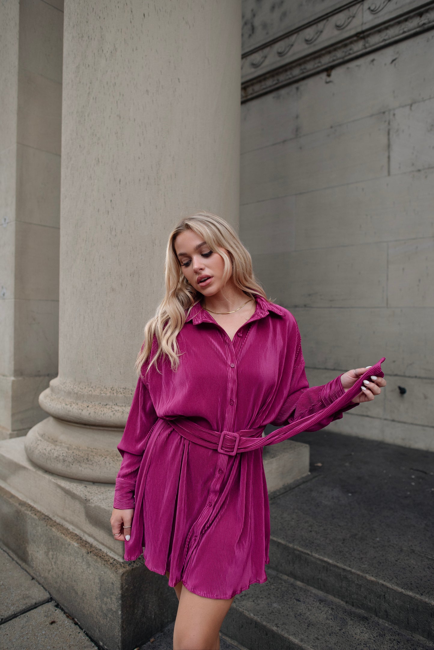 Glam Girl Magenta Plisse Belted Dress - FINAL SALE