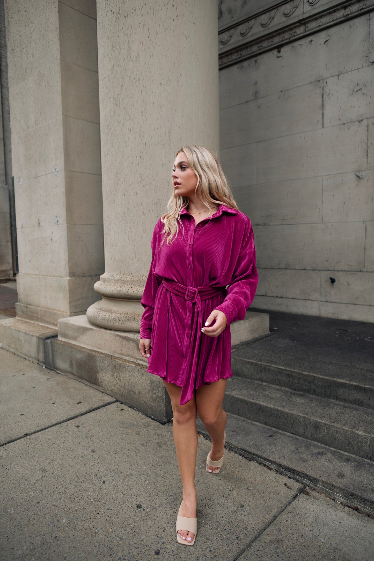 Glam Girl Magenta Plisse Belted Dress - FINAL SALE