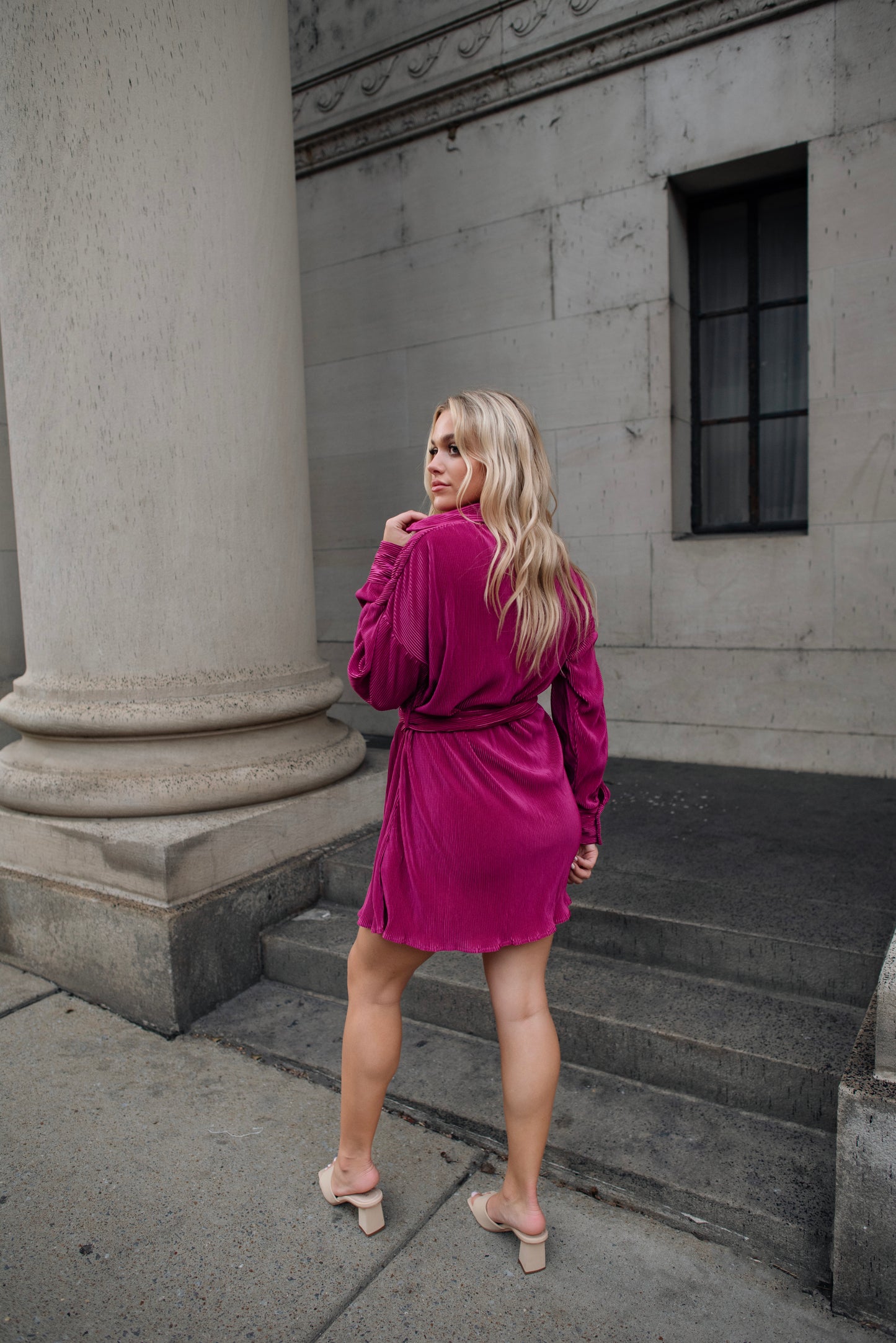 Glam Girl Magenta Plisse Belted Dress - FINAL SALE