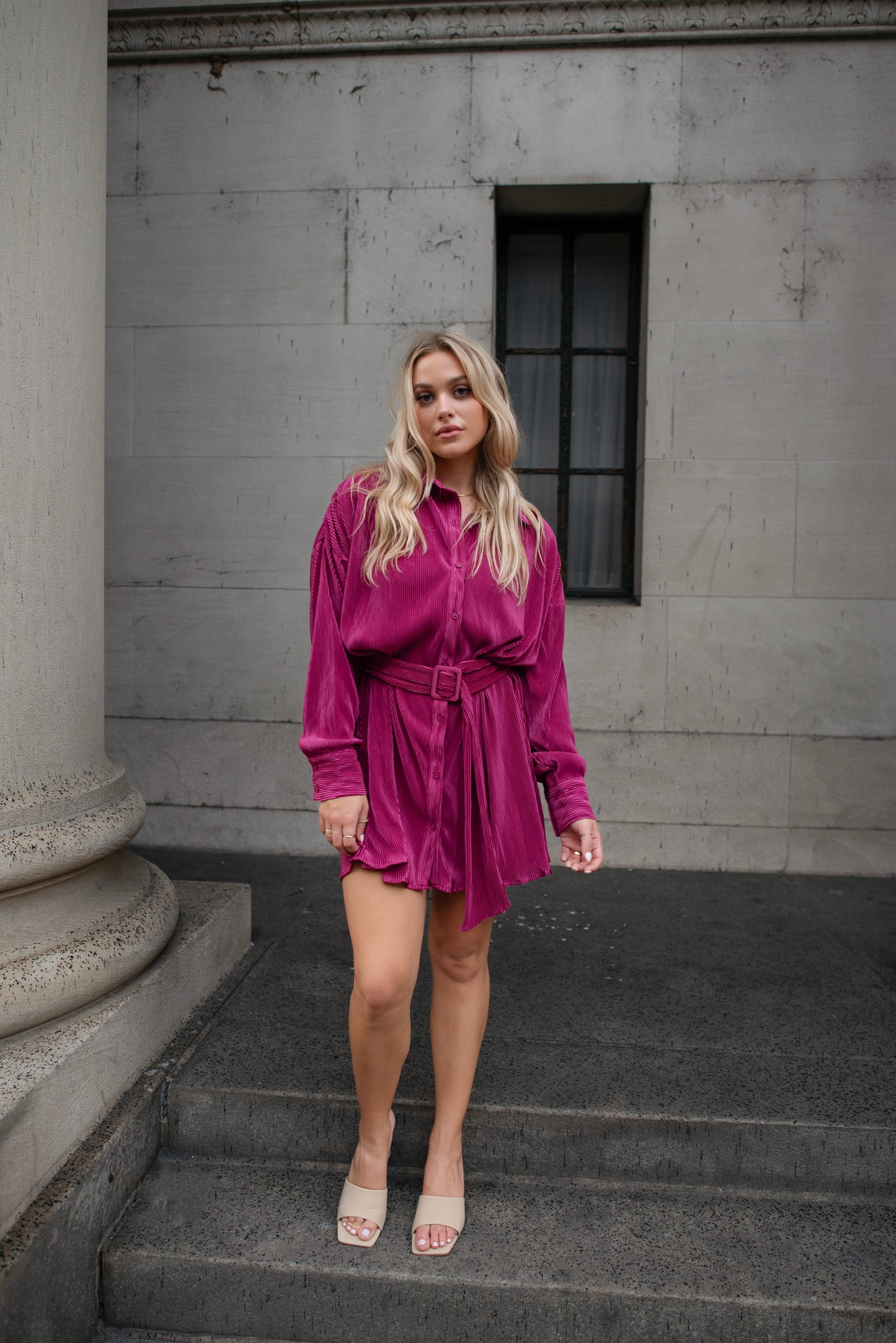 Glam Girl Magenta Plisse Belted Dress - FINAL SALE