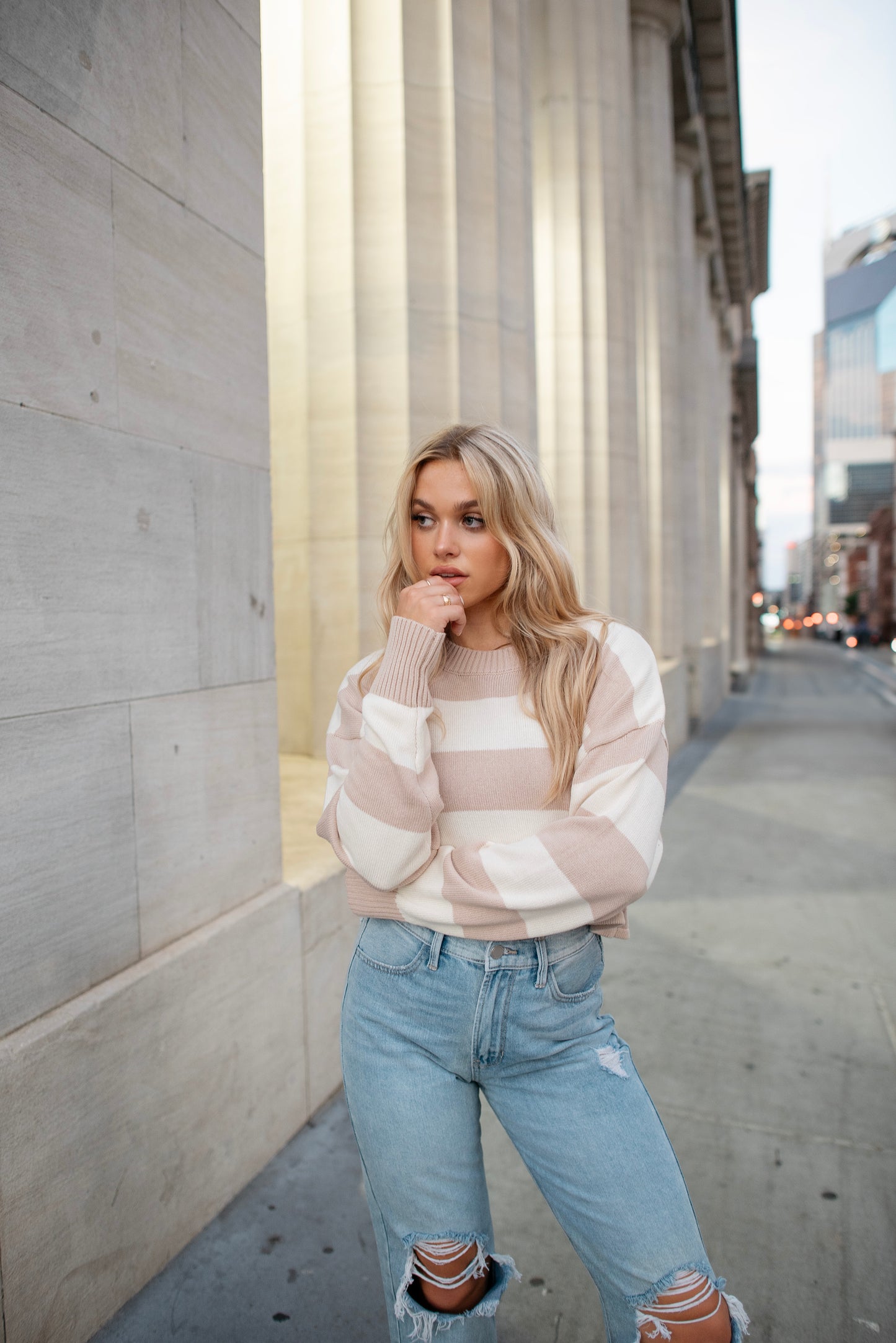 Jordyn Taupe Striped Crop Knit Long Sleeve Top