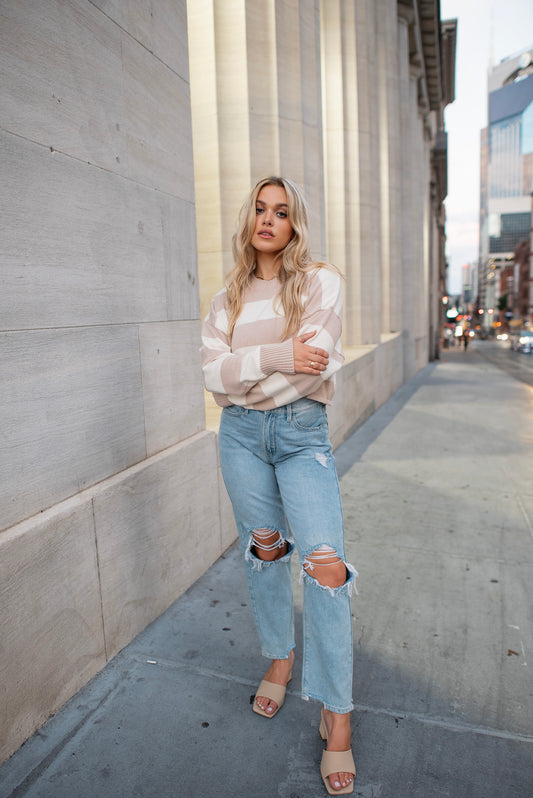 Jordyn Taupe Striped Crop Knit Long Sleeve Top