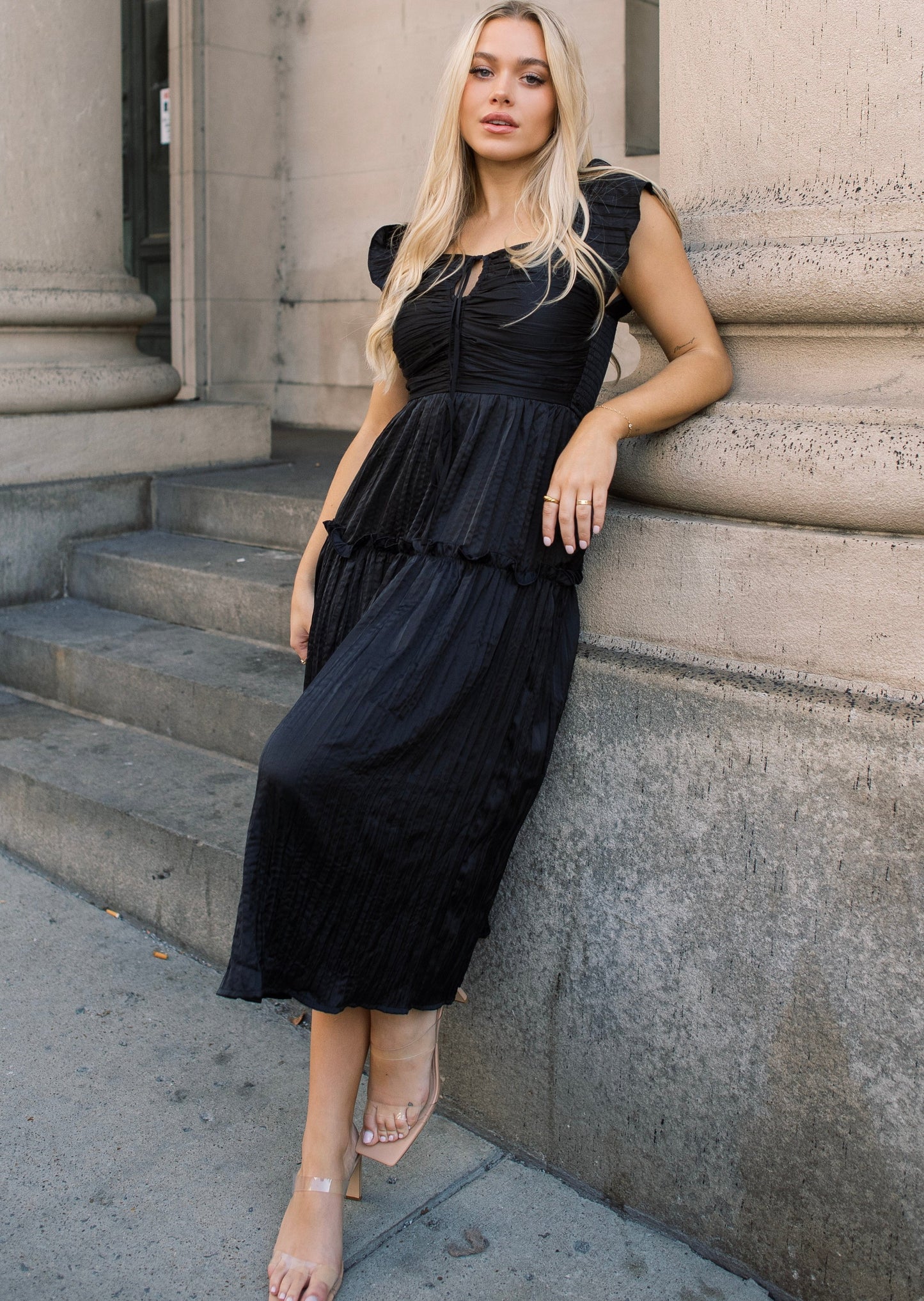 Ruche Me Right Black Satin Midi Dress - FINAL SALE