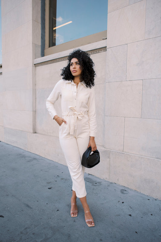 Jump Into Chic Cream Cotton Twill Utility Jumpsuit  - FINAL SALE