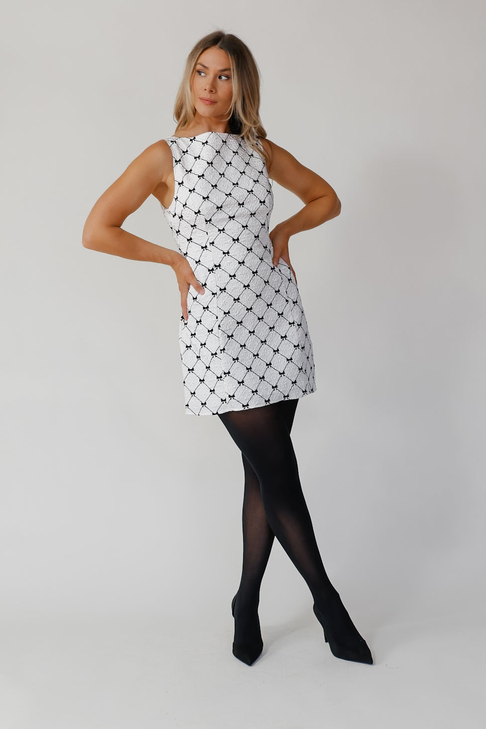 Carmine Ivory Bow Pattern Tweed Dress