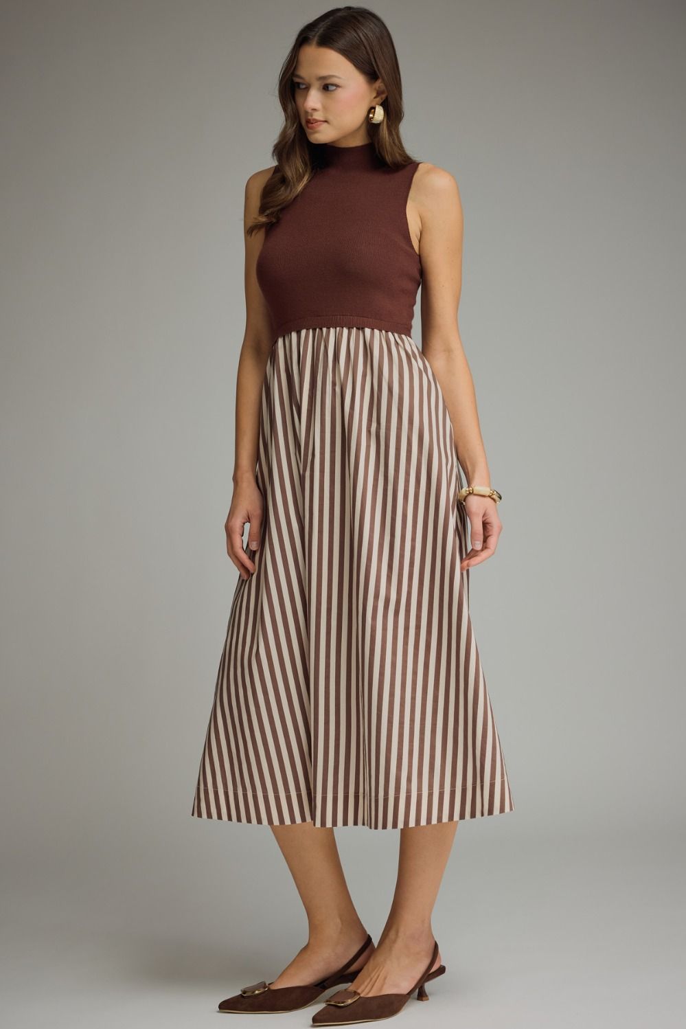 Hawthorne Brown Contrast Striped Midi Dress