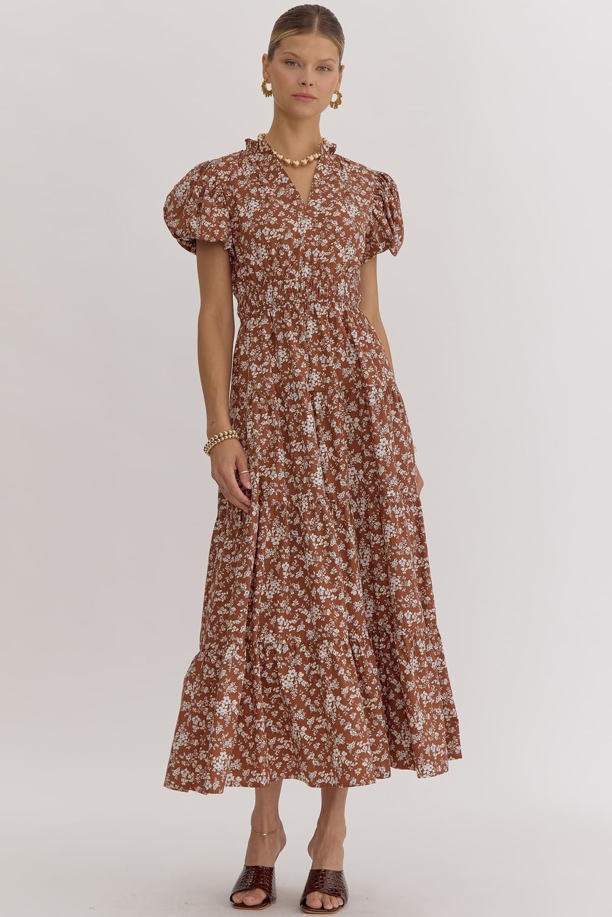 Nala Brown Floral Midi Dress