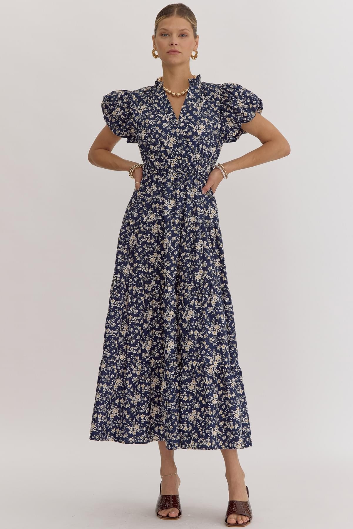 Nala Navy Floral Midi Dress