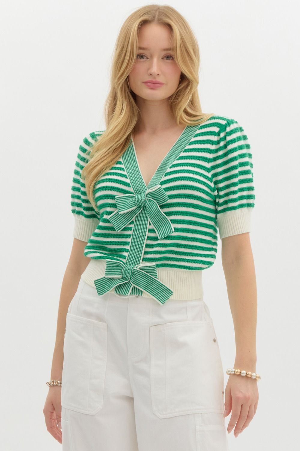 Ellison Green Stripe Bow Cardigan Top