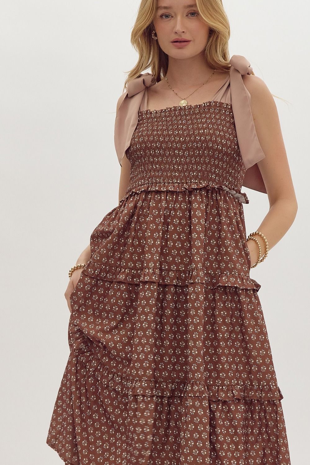 Kalina Brown Floral Tiered Midi Dress