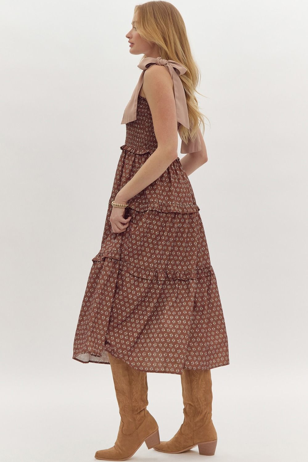 Kalina Brown Floral Tiered Midi Dress