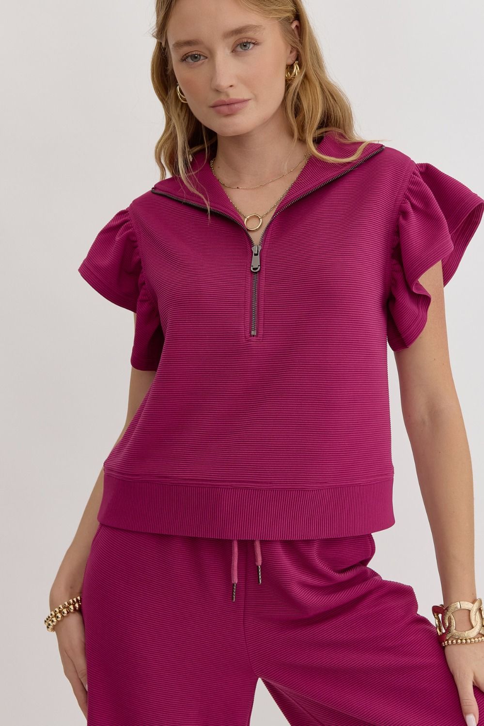 Nelly Magenta Ruffle Quarter Zip Top - FINAL SALE