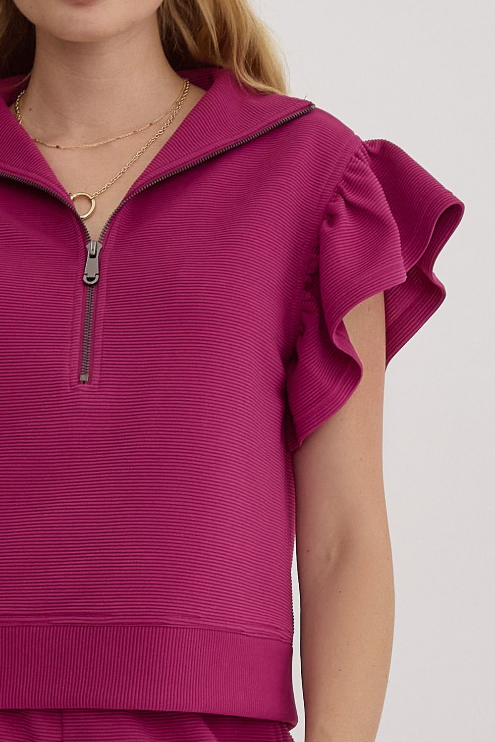 Nelly Magenta Ruffle Quarter Zip Top - FINAL SALE