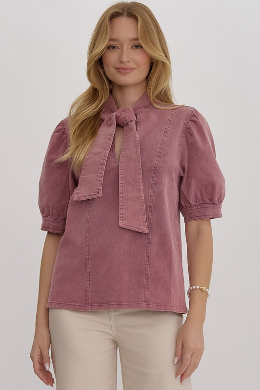 Mali Rose Denim Tie Neck Top - FINAL SALE