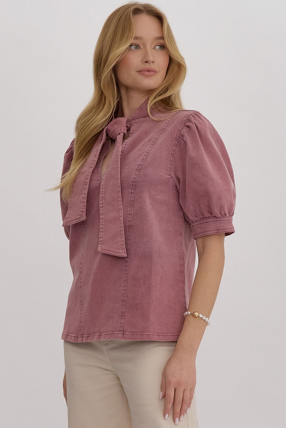 Mali Rose Denim Tie Neck Top - FINAL SALE