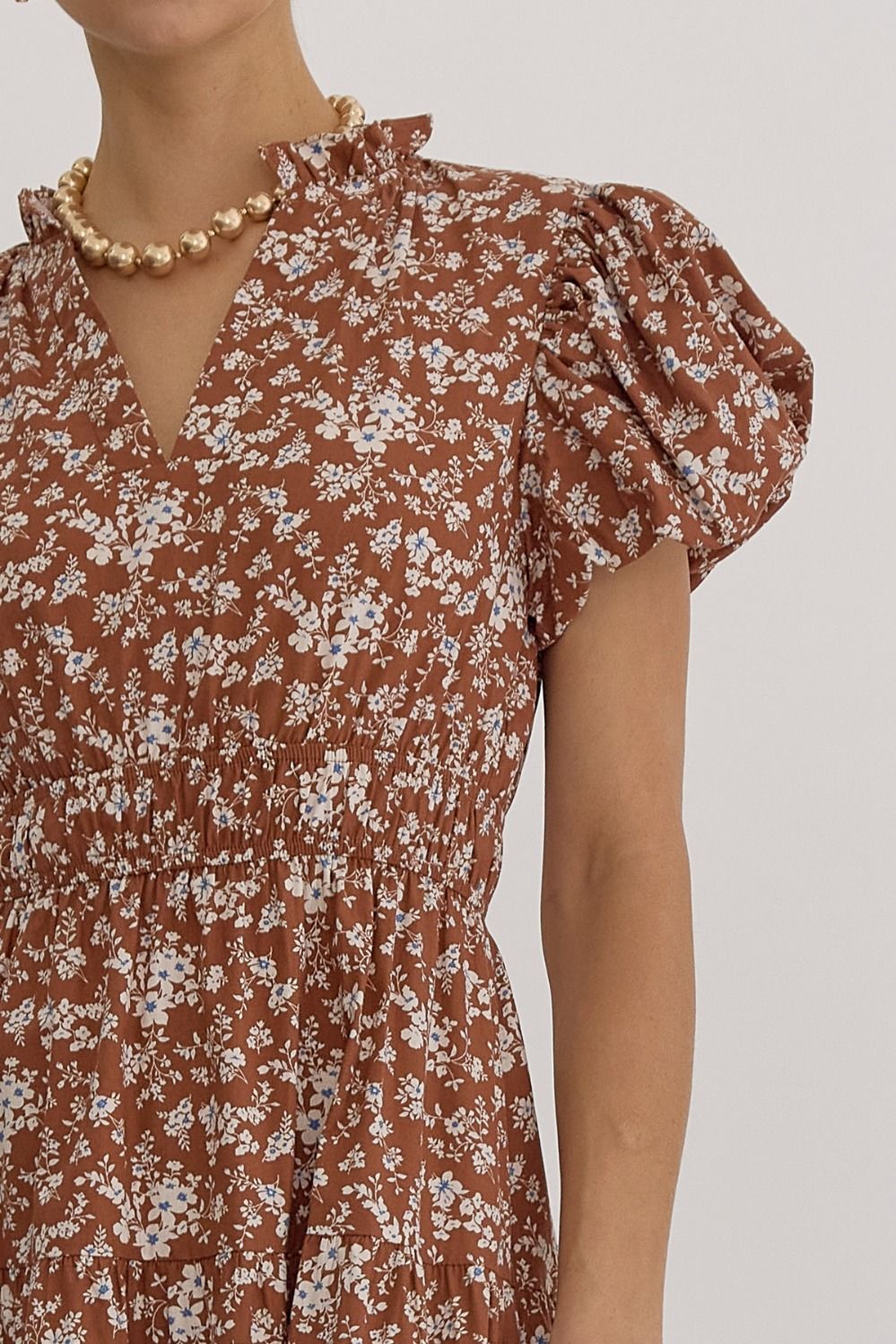 Nala Brown Floral Midi Dress