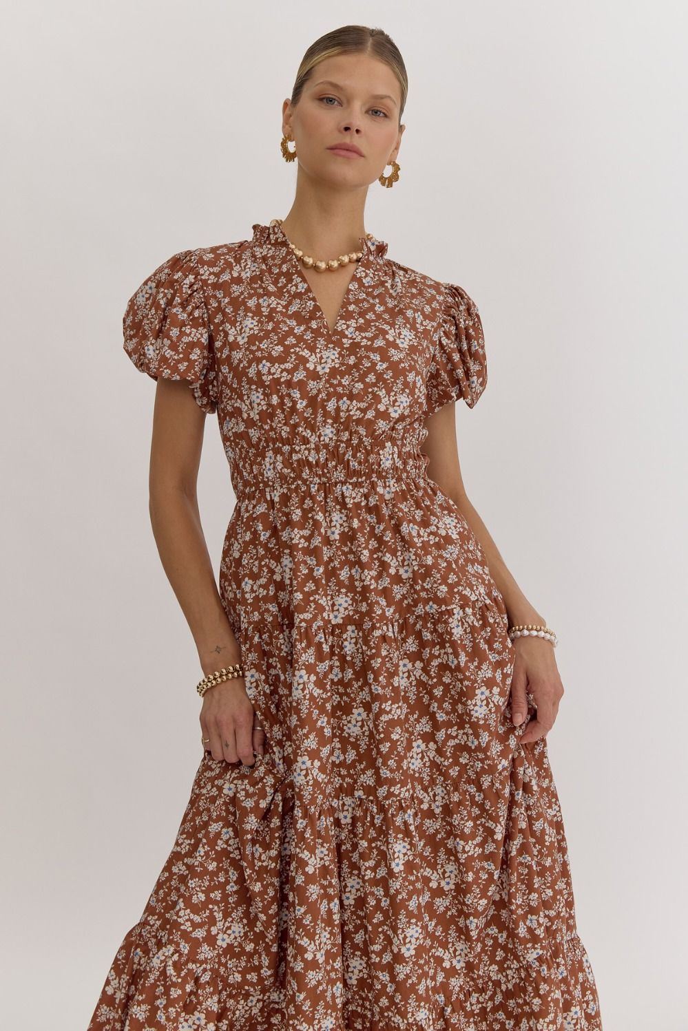 Nala Brown Floral Midi Dress