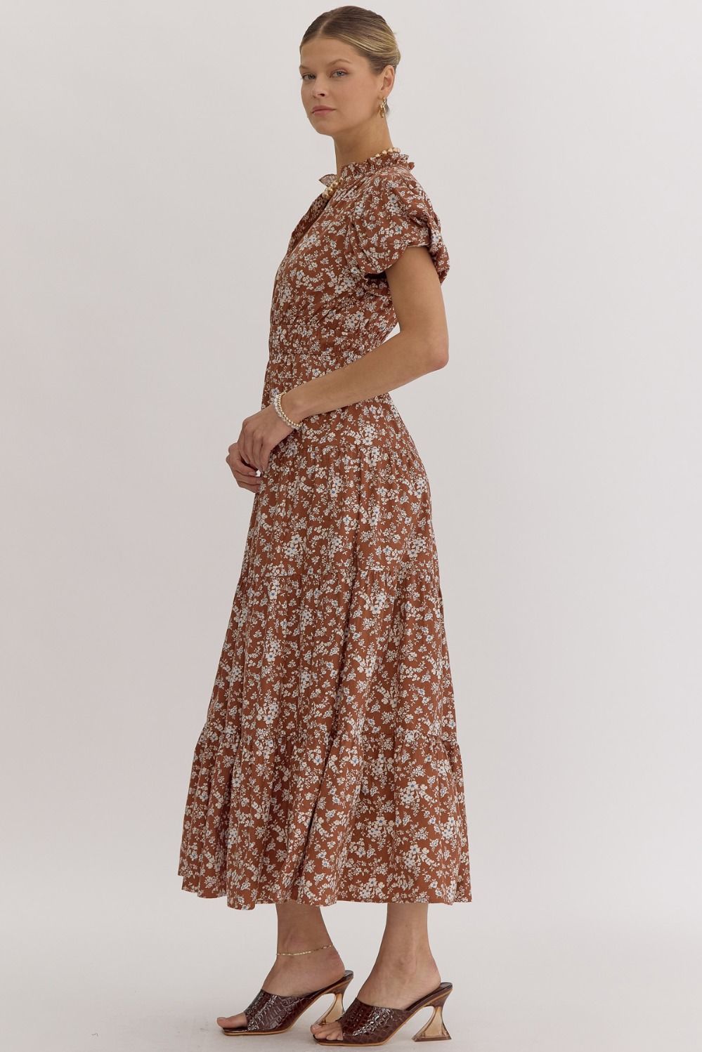 Nala Brown Floral Midi Dress