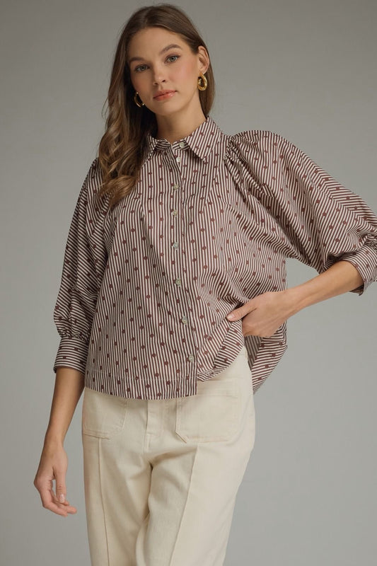 Dahlia Brown Striped Dot Print Blouse