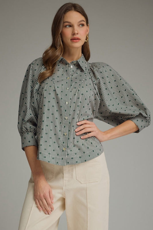 Dahlia Green Striped Dot Print Blouse