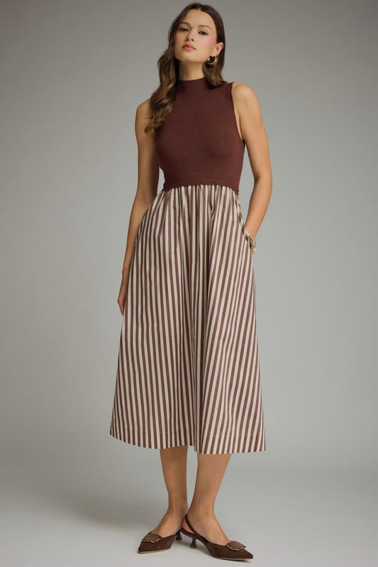 Hawthorne Brown Contrast Striped Midi Dress