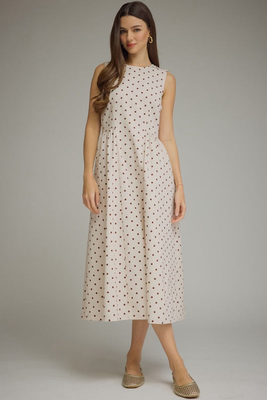 Anorah Ecru Polka Dot Midi Dress