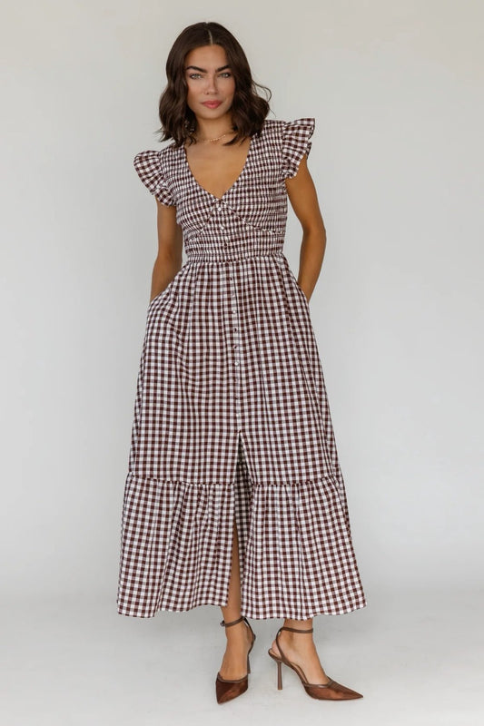 Ivanah Brown Gingham Midi Dress