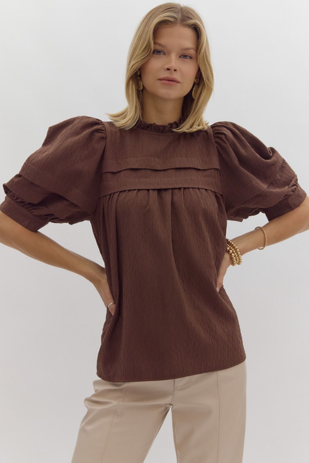 Reyna Brown Textured Peasant Top