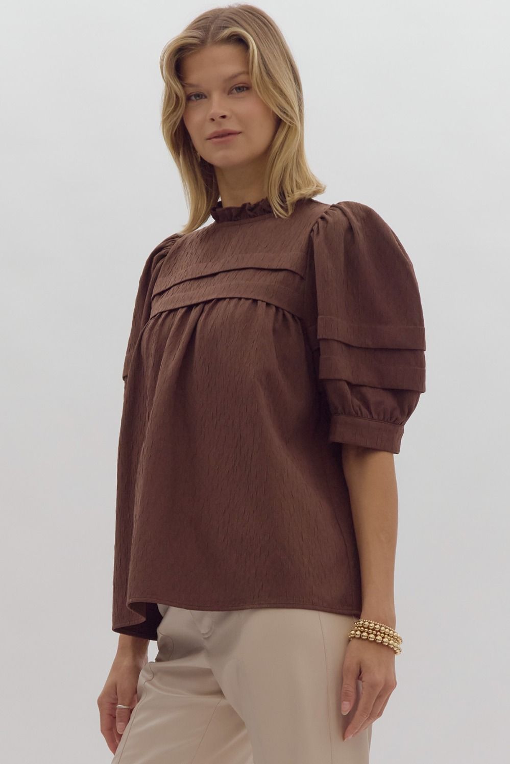 Reyna Brown Textured Peasant Top