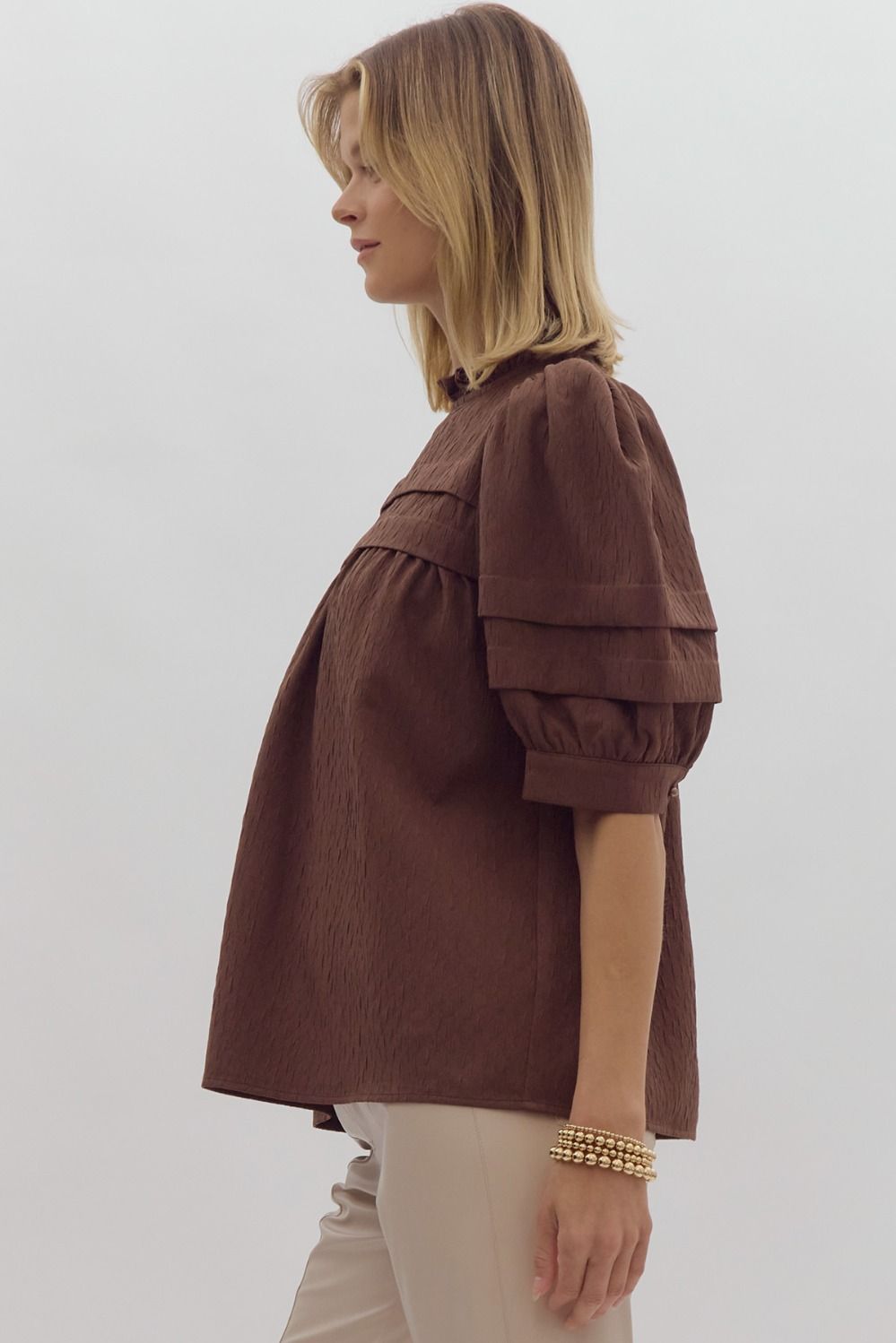 Reyna Brown Textured Peasant Top