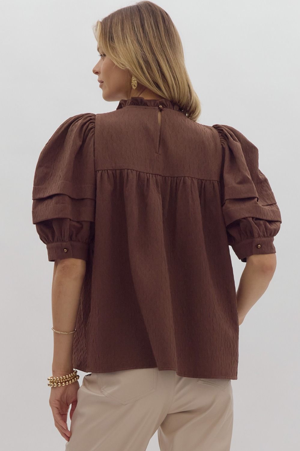 Reyna Brown Textured Peasant Top