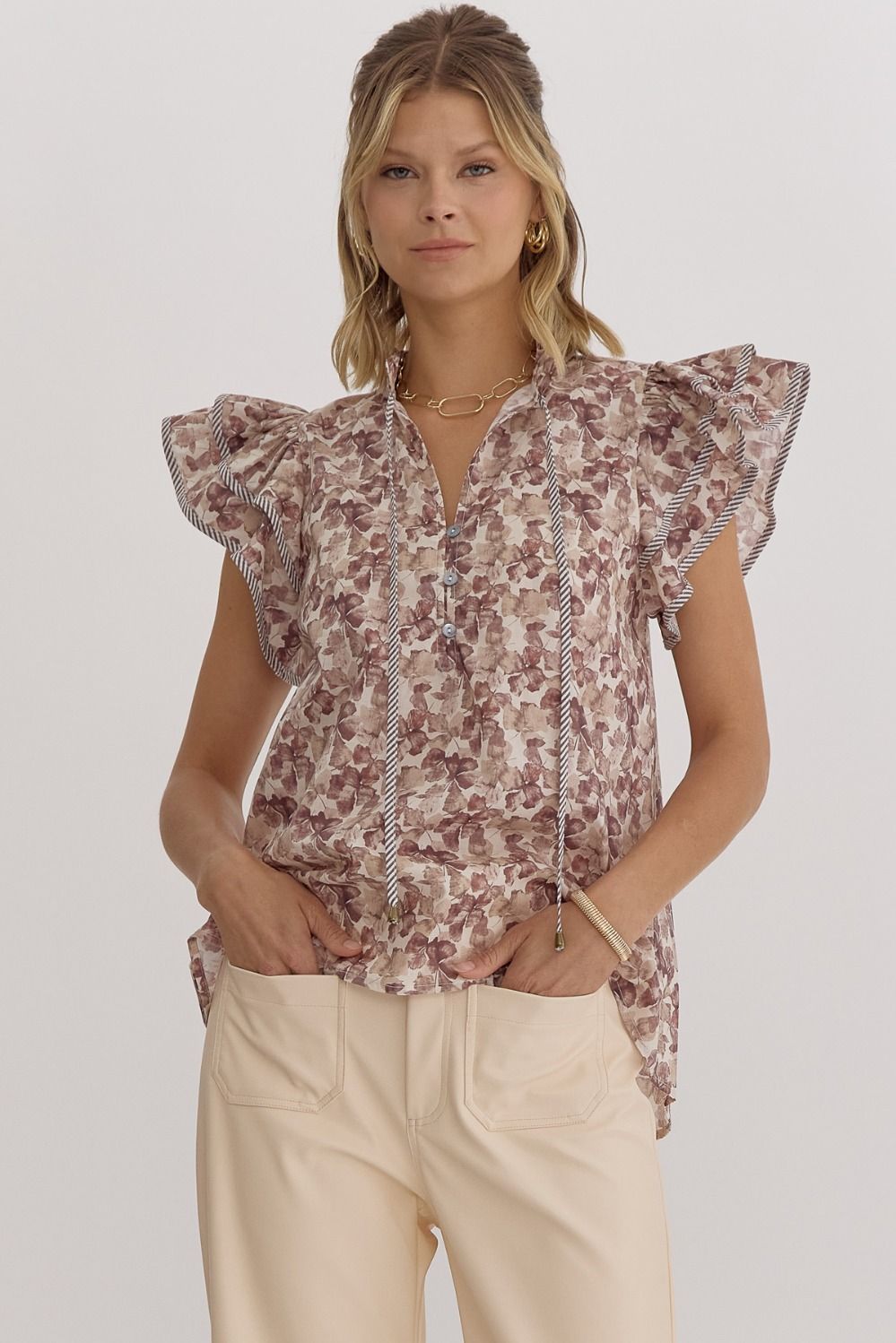 Juniper Ecru Floral Ruffle Sleeve Top - FINAL SALE