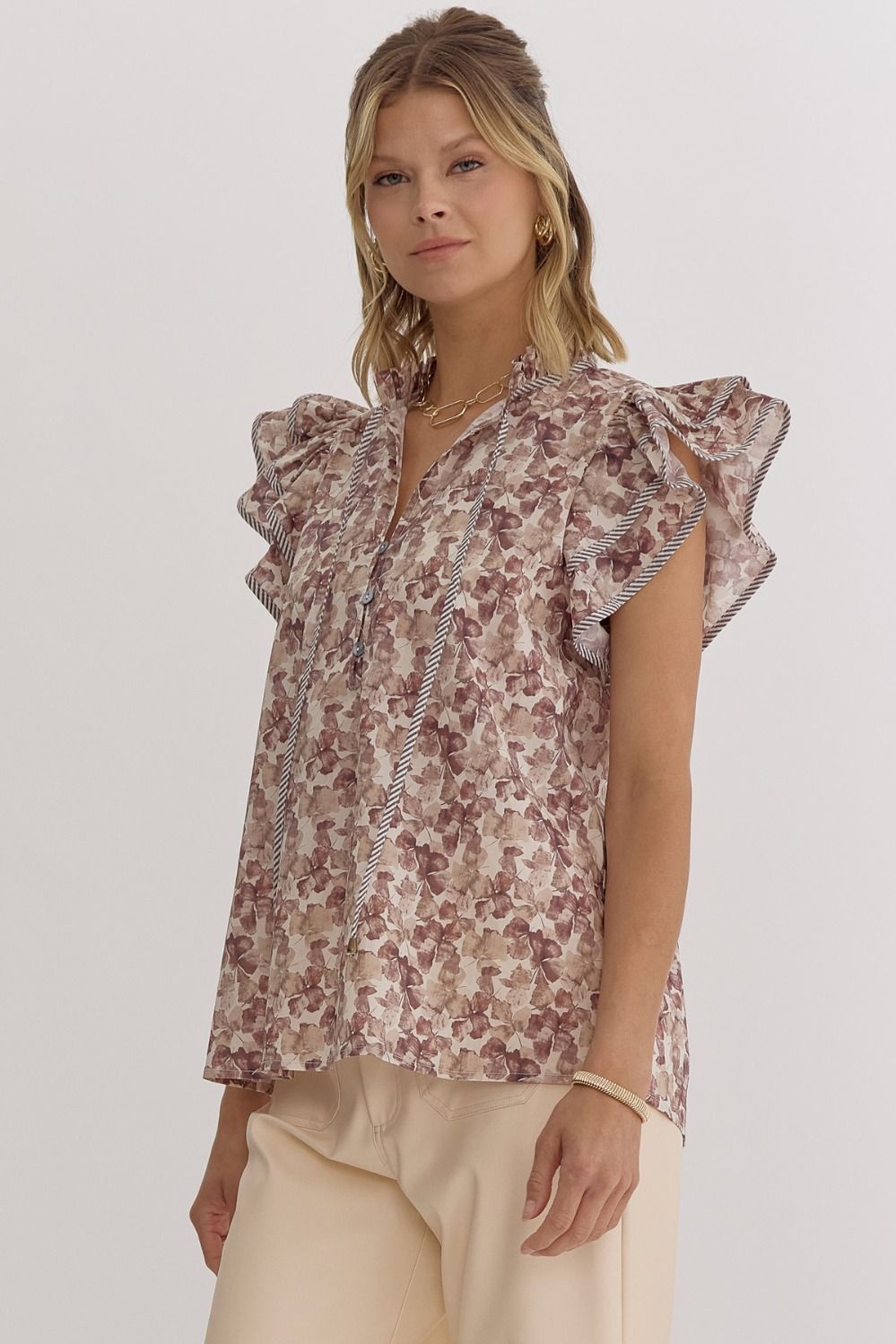 Juniper Ecru Floral Ruffle Sleeve Top - FINAL SALE