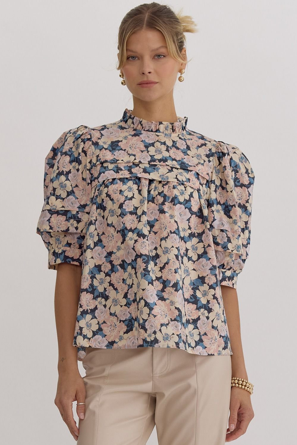 Janie Charcoal Floral Pleated Blouse - FINAL SALE