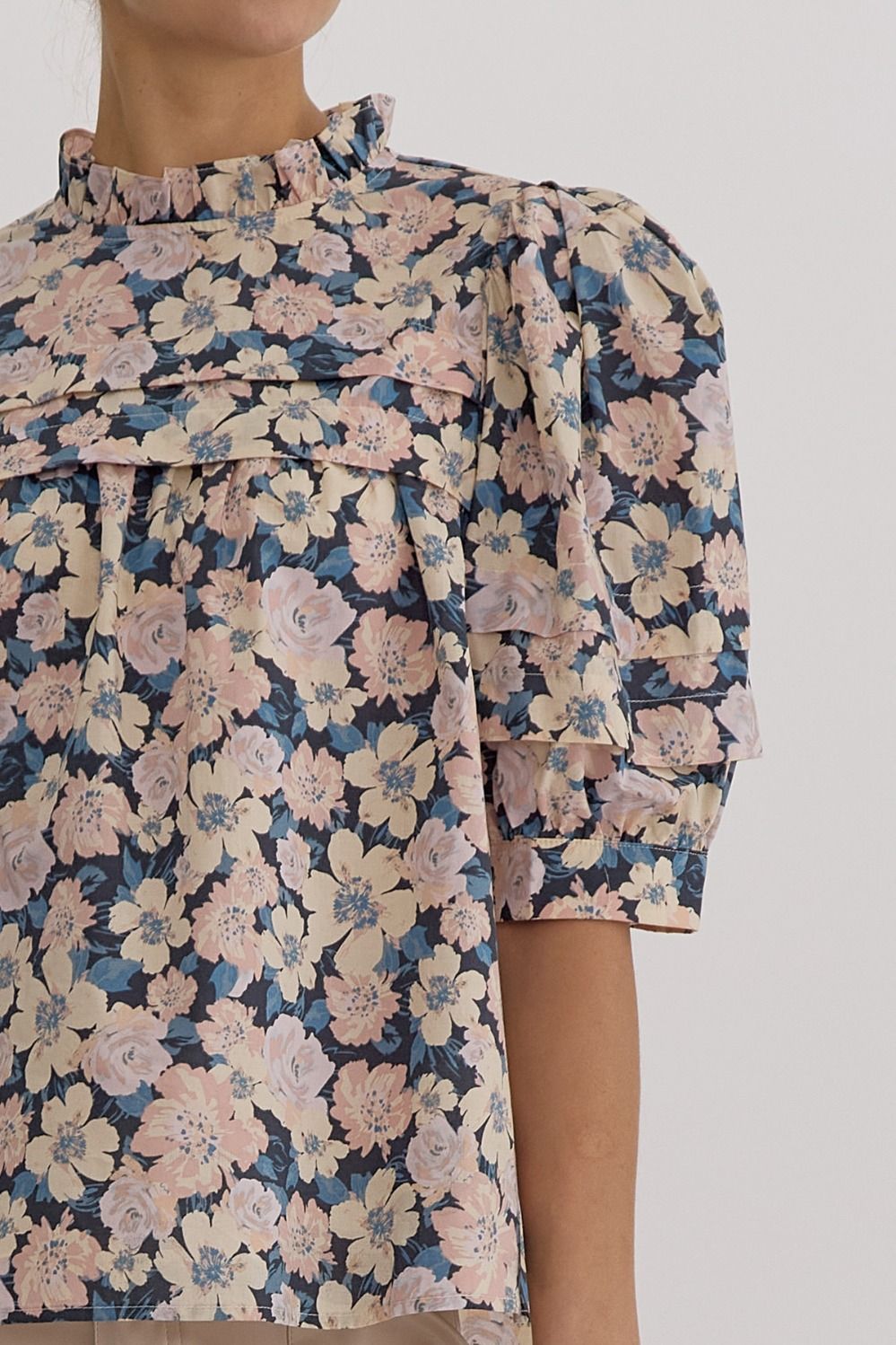 Janie Charcoal Floral Pleated Blouse - FINAL SALE