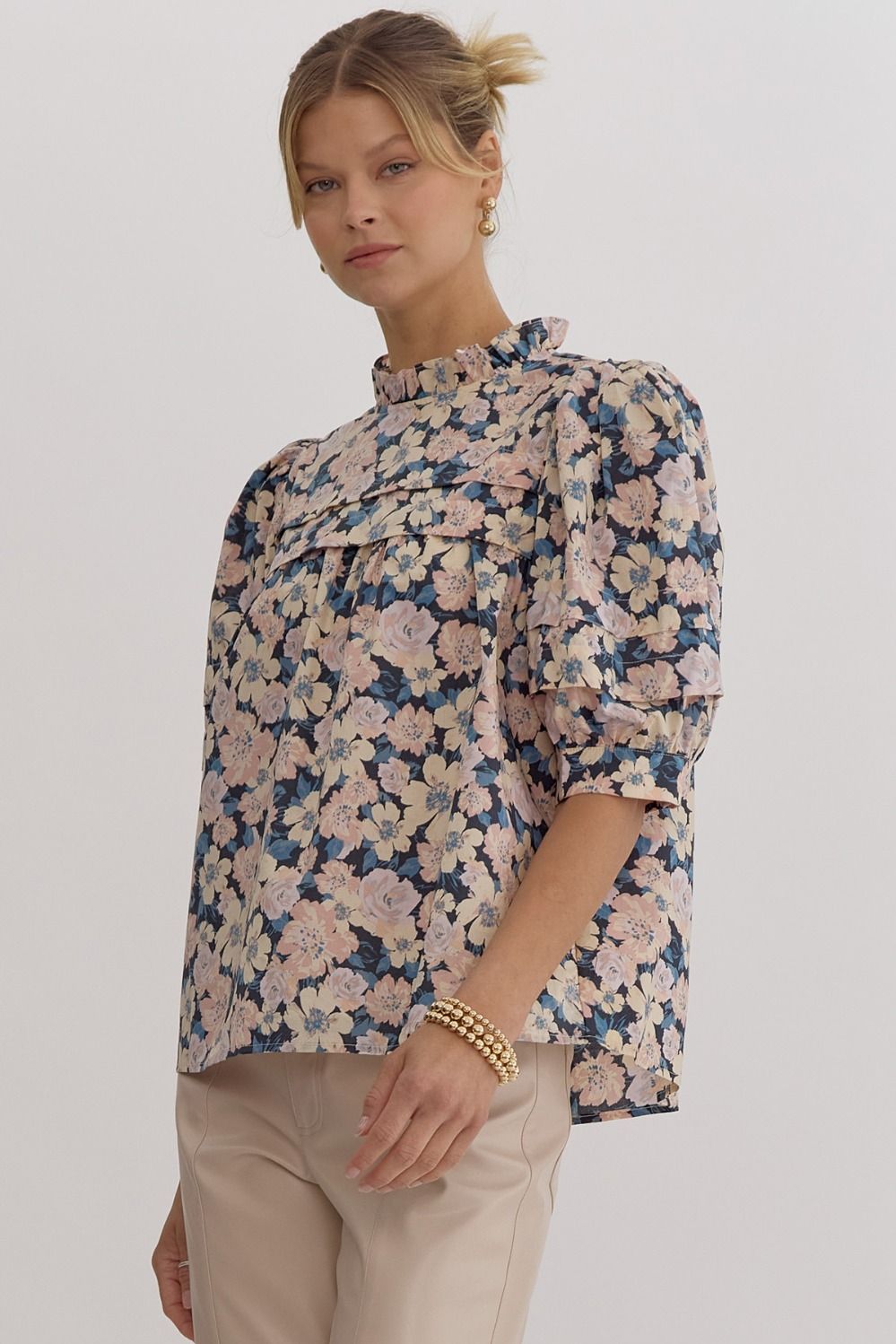 Janie Charcoal Floral Pleated Blouse - FINAL SALE