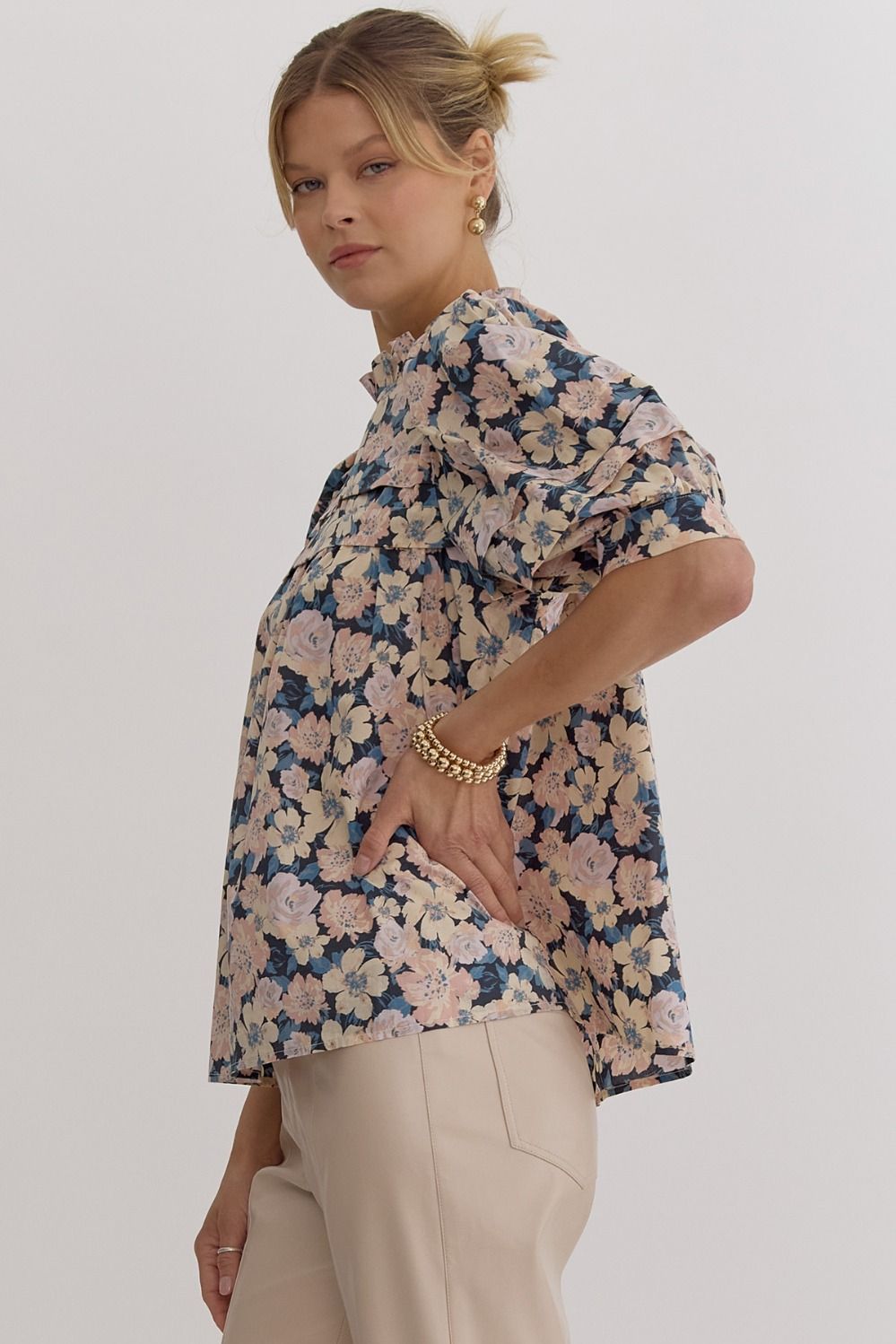 Janie Charcoal Floral Pleated Blouse - FINAL SALE