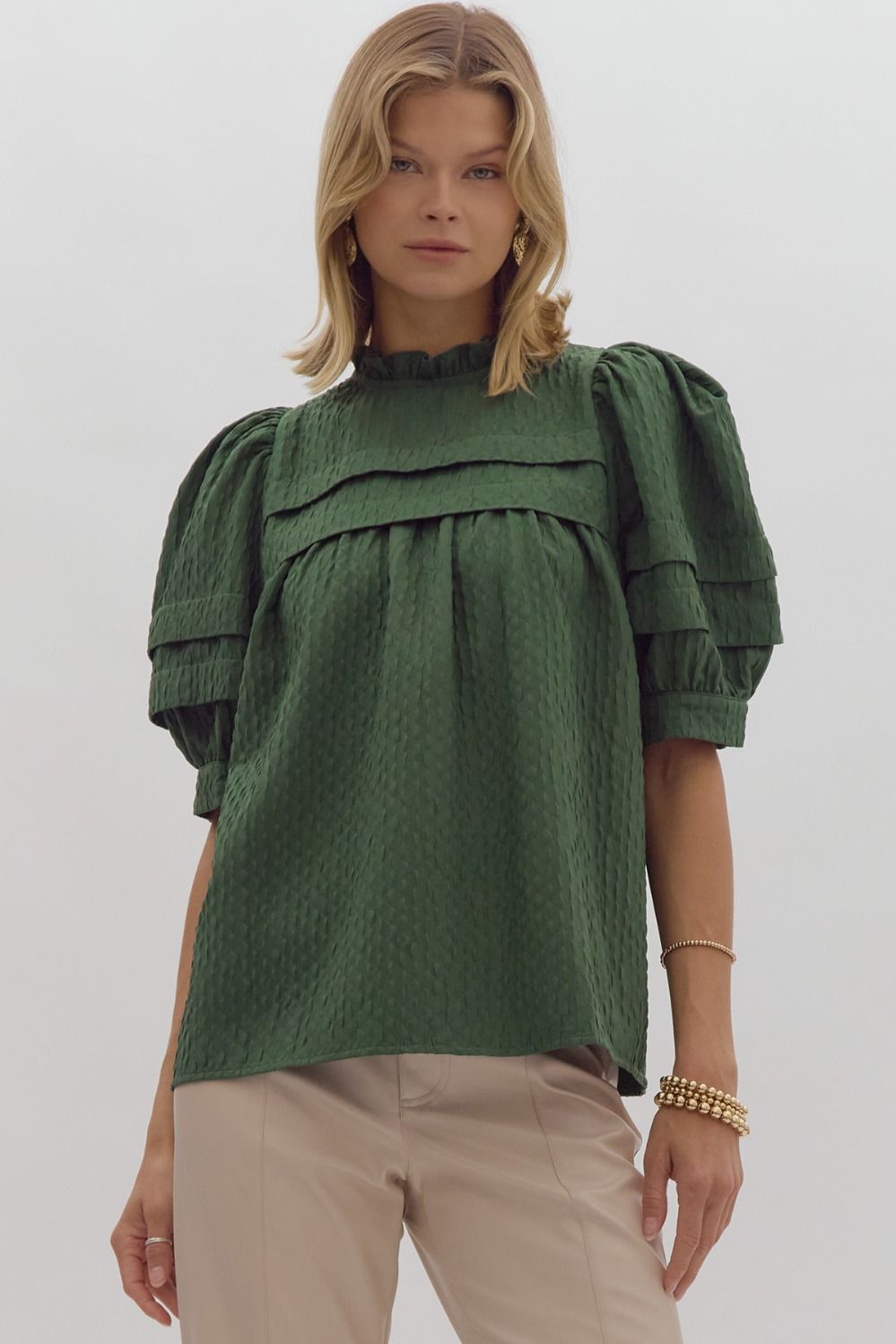 Reyna Green Textured Peasant Top