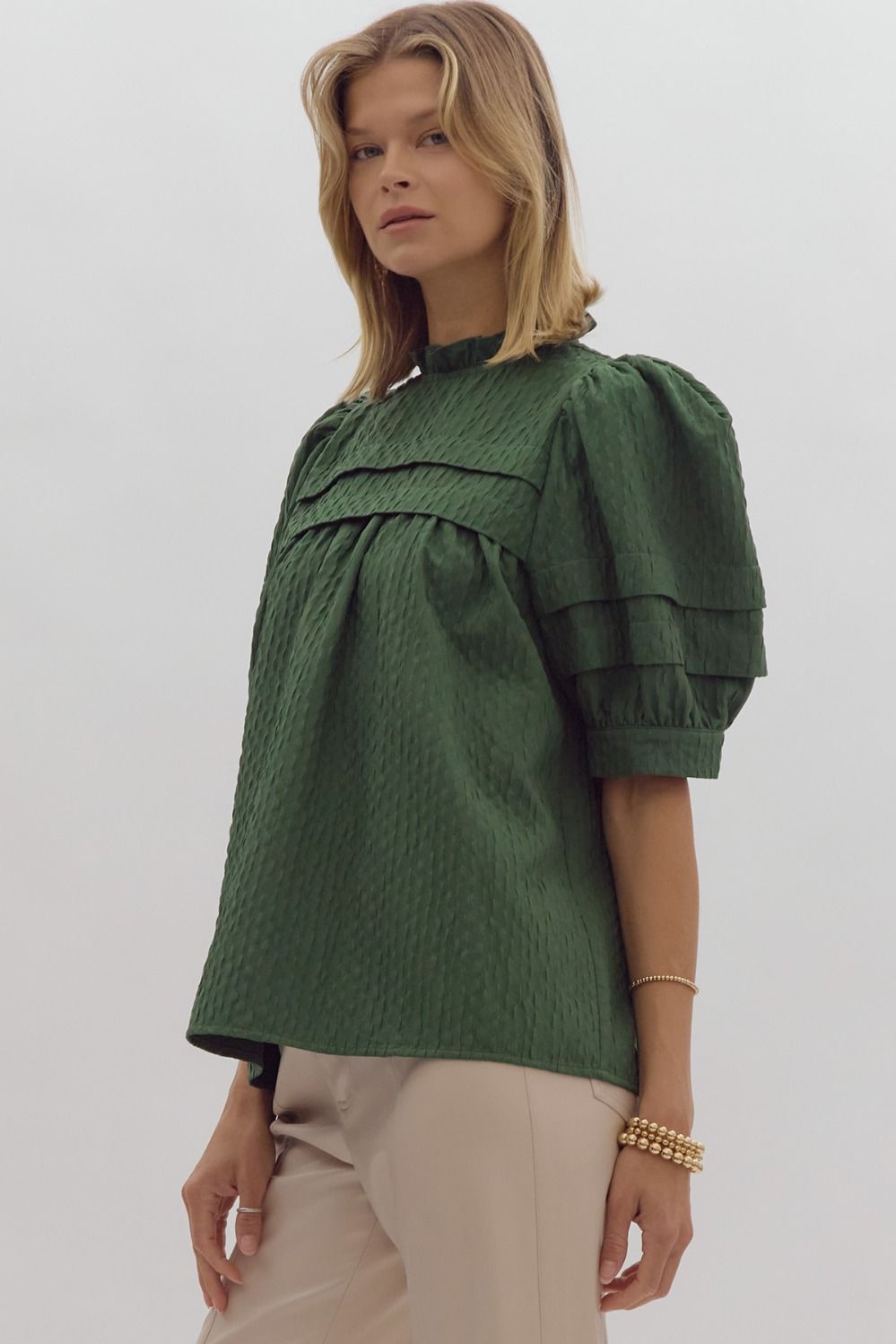 Reyna Green Textured Peasant Top