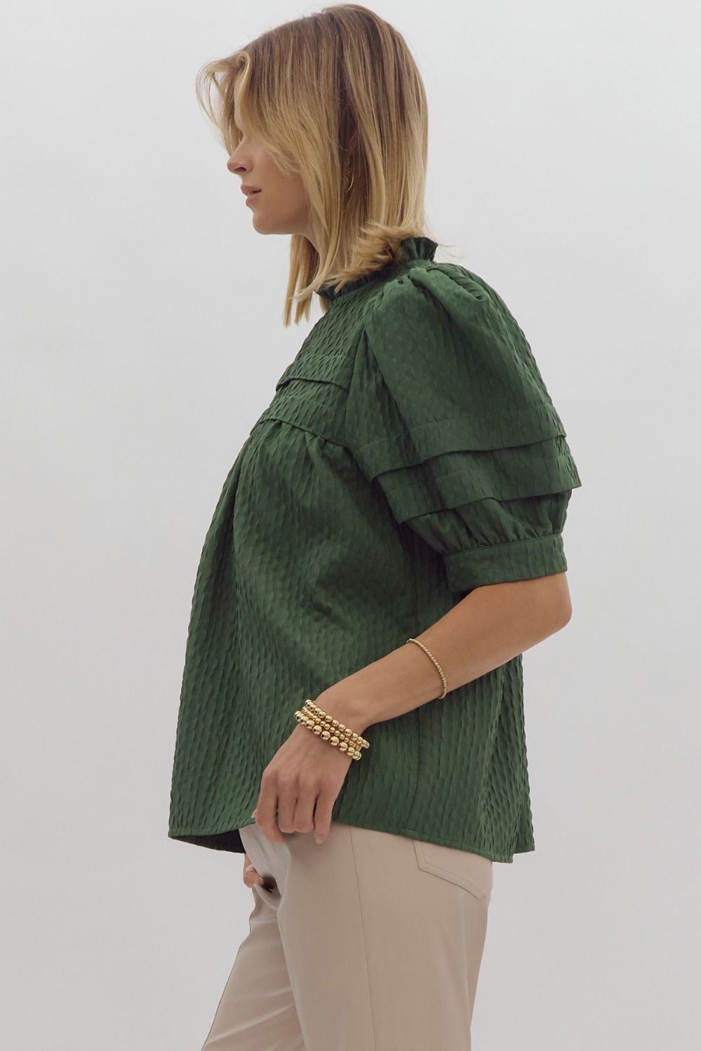 Reyna Green Textured Peasant Top