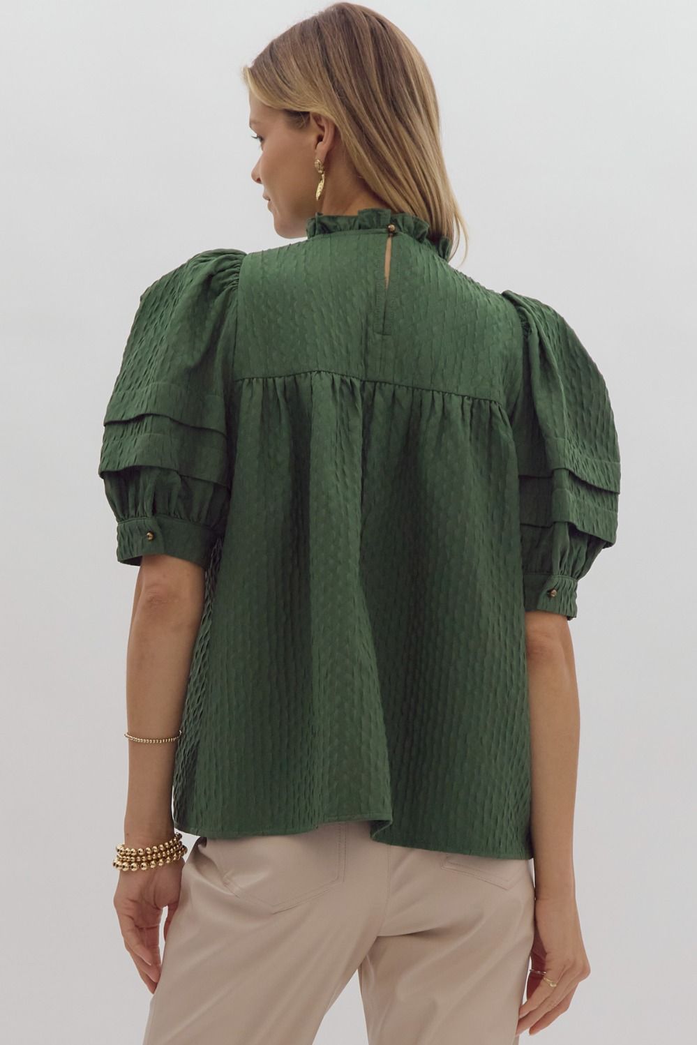 Reyna Green Textured Peasant Top