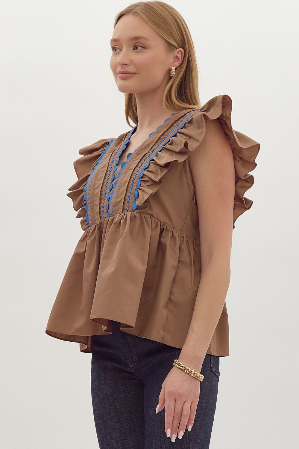 Willow Mocha Ruffle Shoulder Top - FINAL SALE