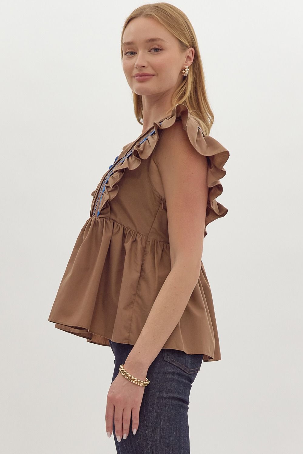 Willow Mocha Ruffle Shoulder Top - FINAL SALE