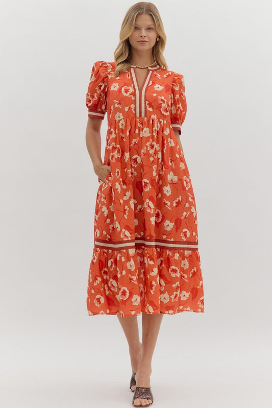 Alenah Rust Floral Tiered Midi Dress