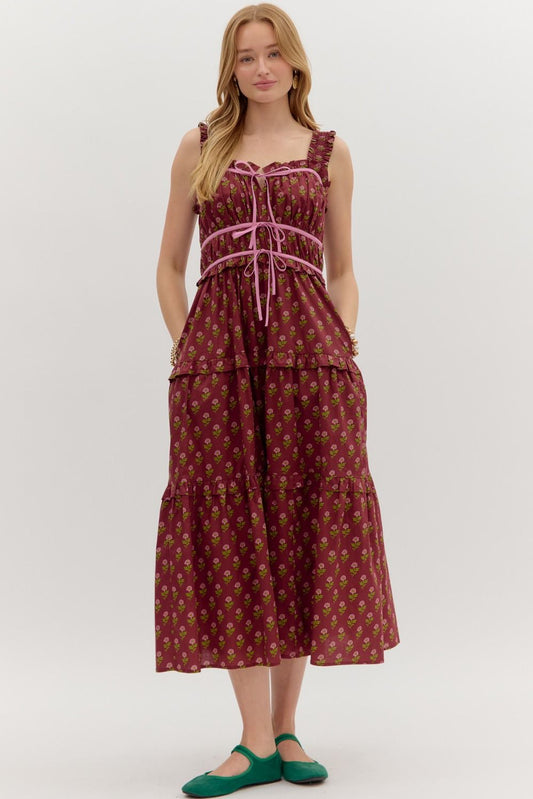 Karoline Burgundy Floral Midi Dress