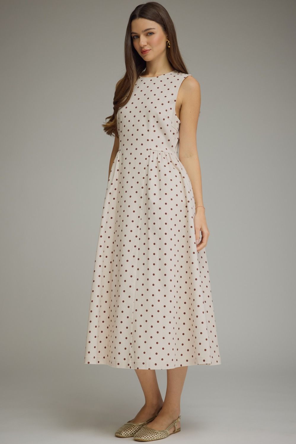 Anorah Ecru Polka Dot Midi Dress